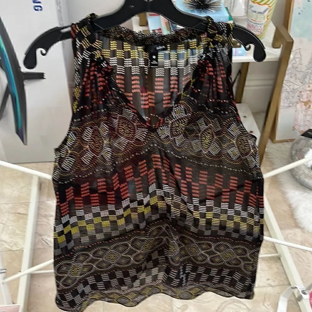 AQUA sheer patterned black retro sleeveless blouse XS EUC